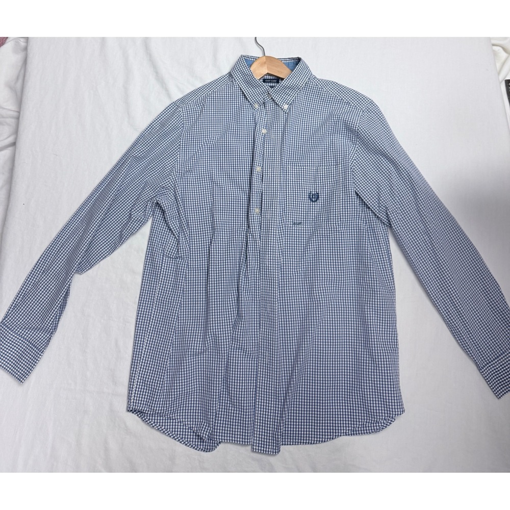 Chaps Mens Large Blue Gingham Easy Care Button Down Shirt Long Sleeve Crest Logo